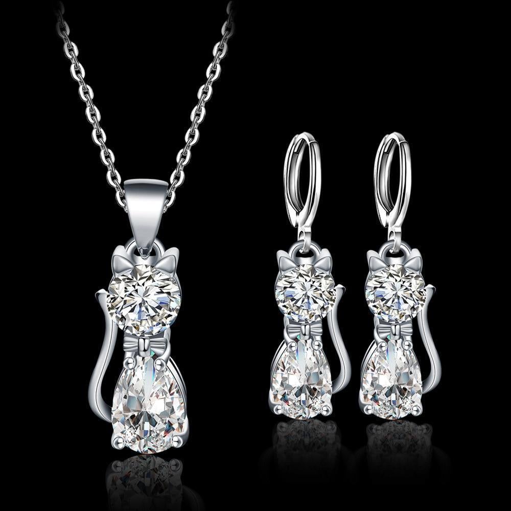 Necklace + Earrings Set – Happy Cats made of 925 Silver with Polished Zirconia