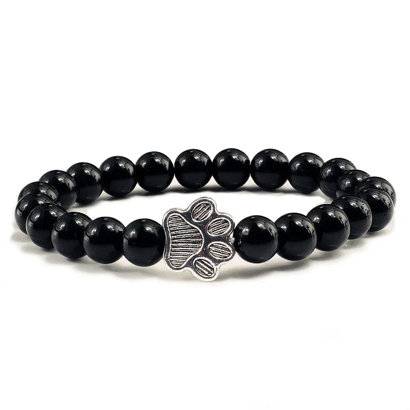 Natural Stone Bracelet with Paw Charm – Elastic Bead Bracelet for Men & Women