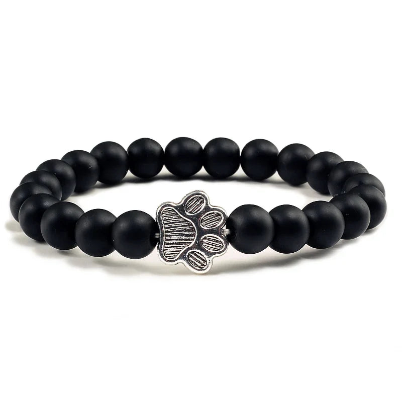 Natural Stone Bracelet with Paw Charm – Elastic Bead Bracelet for Men & Women