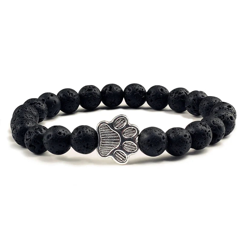 Natural Stone Bracelet with Paw Charm – Elastic Bead Bracelet for Men & Women