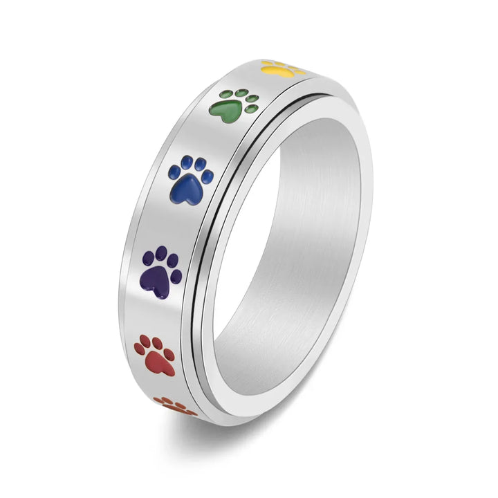 Rotatable Anti-Stress Ring with Paw Prints – Stainless Steel Ring with Rainbow Colors