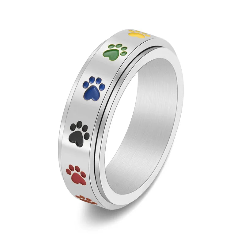 Rotatable Anti-Stress Ring with Paw Prints – Stainless Steel Ring with Rainbow Colors