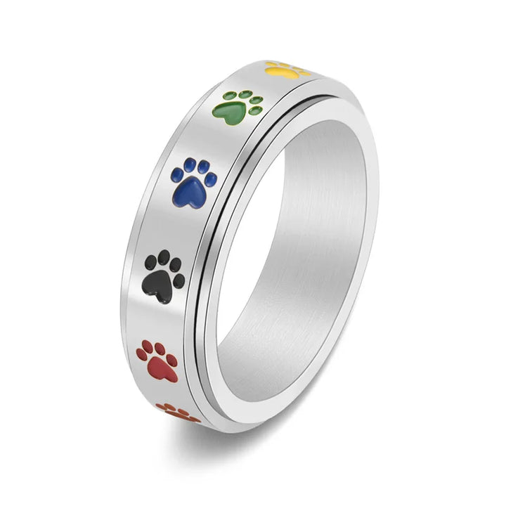 Rotatable Anti-Stress Ring with Paw Prints – Stainless Steel Ring with Rainbow Colors
