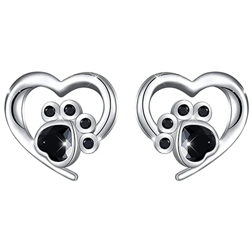 Heart-Paw Stud Earrings – Silver-Colored Earrings with Black Crystal