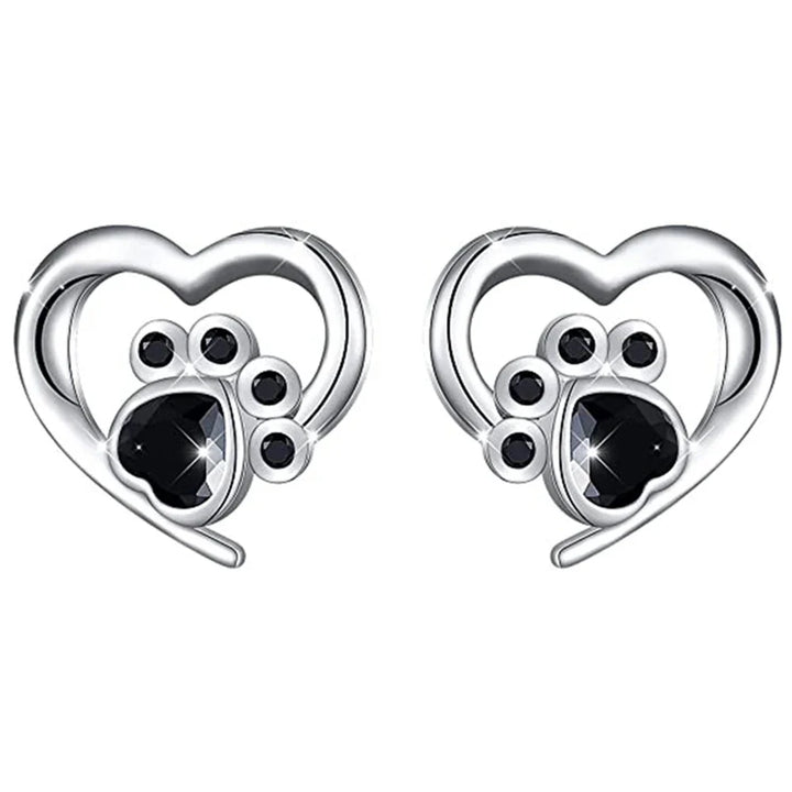 Heart-Paw Stud Earrings – Silver-Colored Earrings with Black Crystal