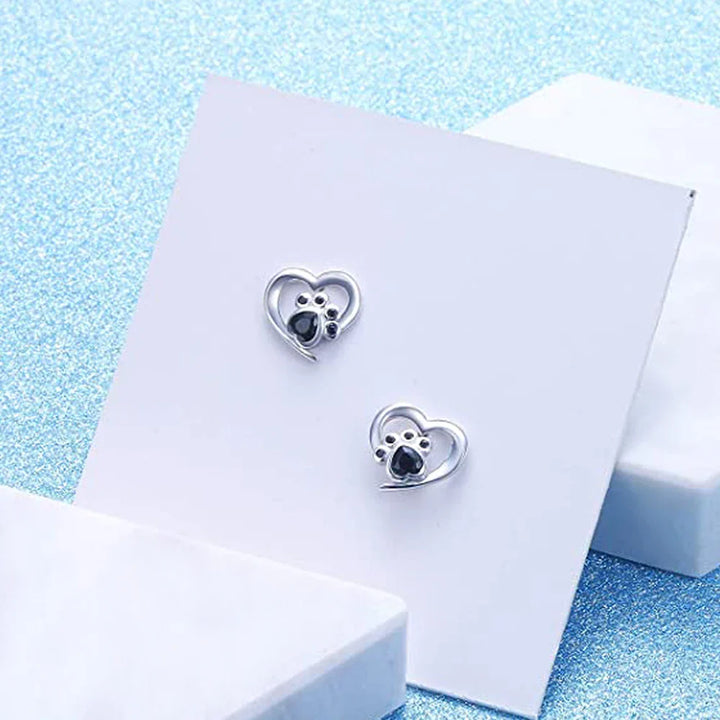 Heart-Paw Stud Earrings – Silver-Colored Earrings with Black Crystal