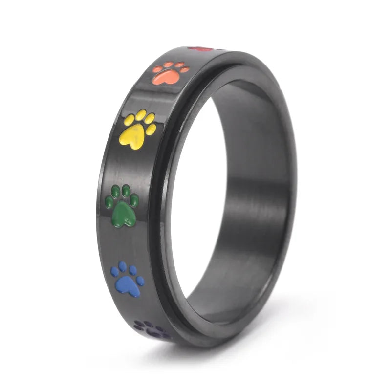Rotatable Anti-Stress Ring with Paw Prints – Stainless Steel Ring with Rainbow Colors