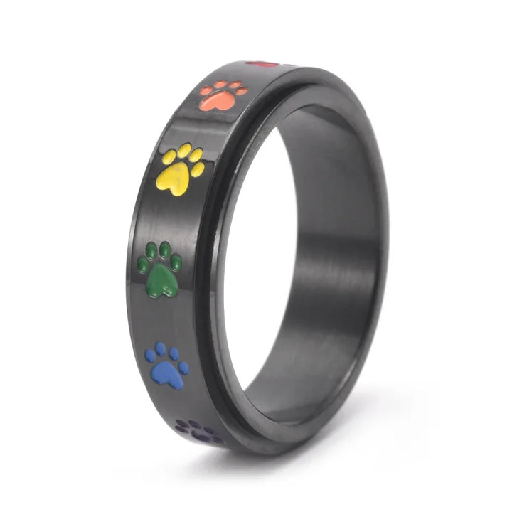 Rotatable Anti-Stress Ring with Paw Prints – Stainless Steel Ring with Rainbow Colors