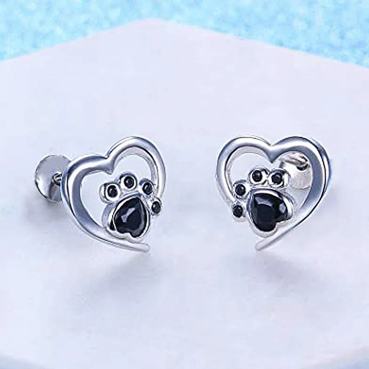 Heart-Paw Stud Earrings – Silver-Colored Earrings with Black Crystal