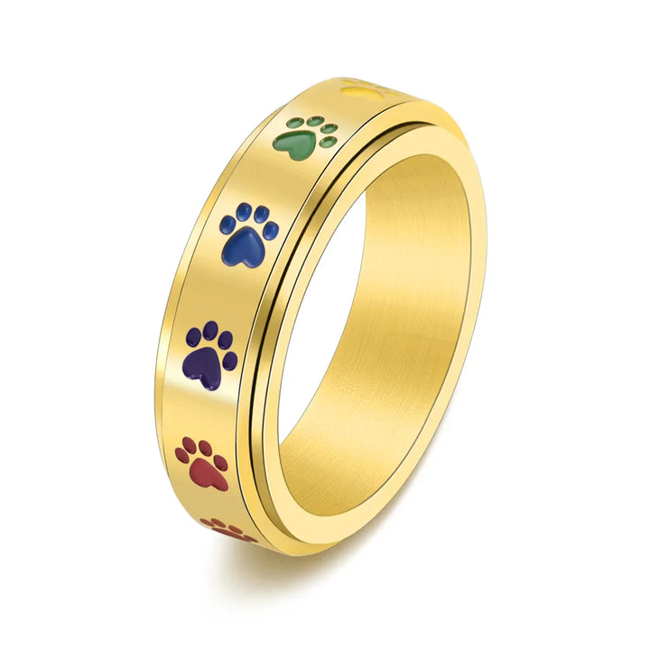 Rotatable Anti-Stress Ring with Paw Prints – Stainless Steel Ring with Rainbow Colors