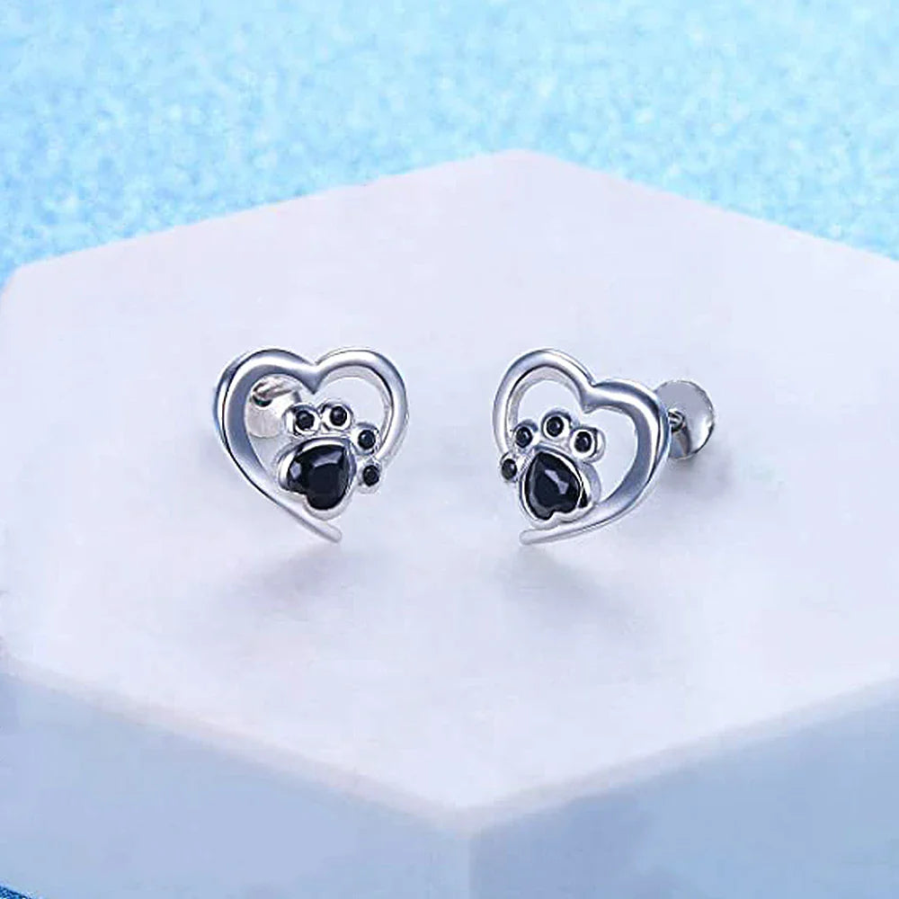Heart-Paw Stud Earrings – Silver-Colored Earrings with Black Crystal