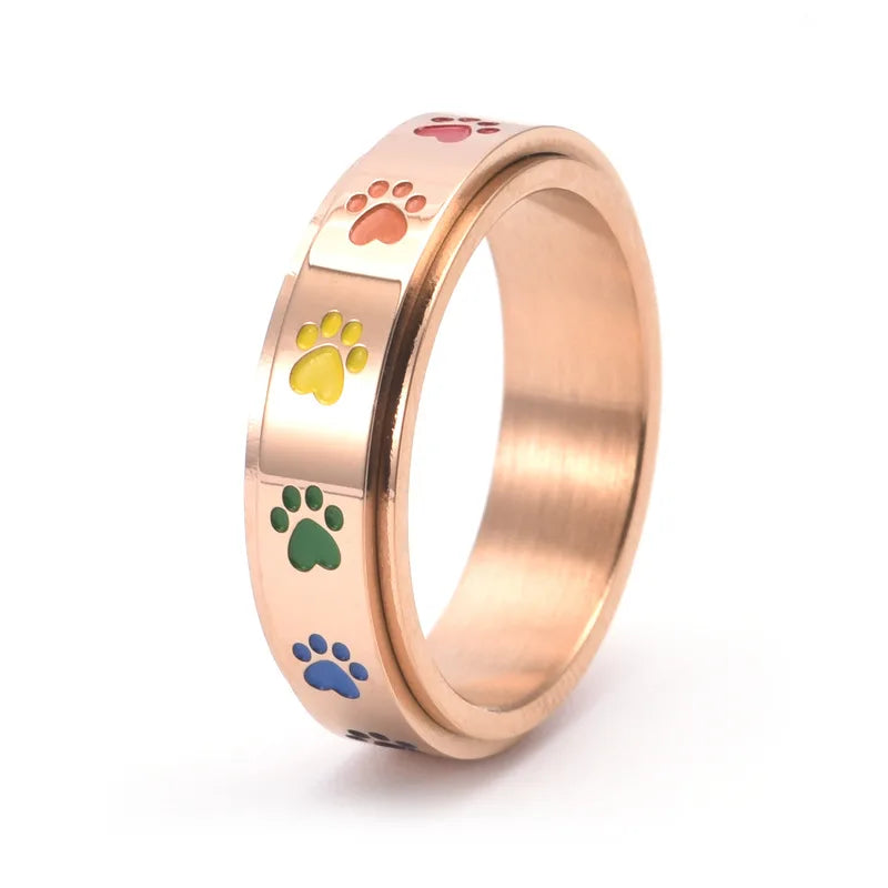 Rotatable Anti-Stress Ring with Paw Prints – Stainless Steel Ring with Rainbow Colors
