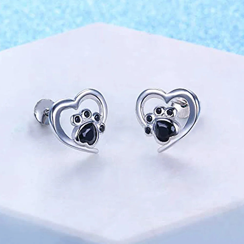 Heart-Paw Stud Earrings – Silver-Colored Earrings with Black Crystal