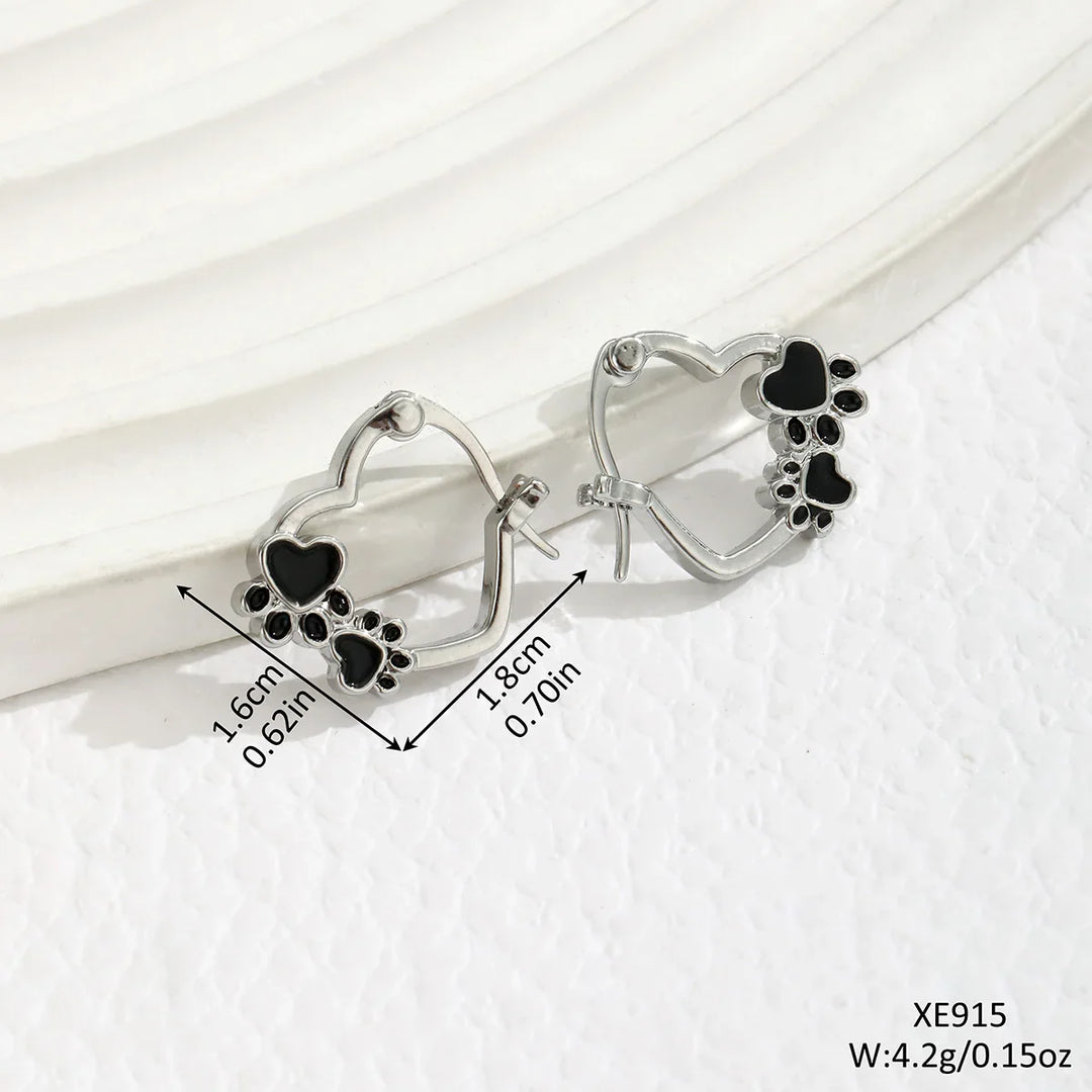 Heart-Paw Hoop Earrings – Silver-Colored Animal Motif Earrings with Black Enamel Design