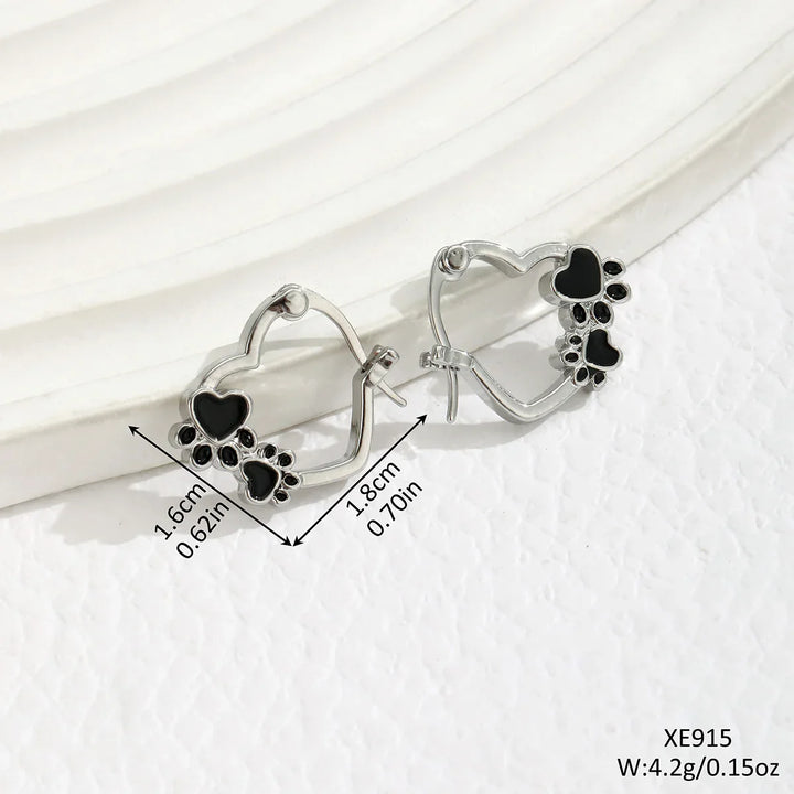 Heart-Paw Hoop Earrings – Silver-Colored Animal Motif Earrings with Black Enamel Design
