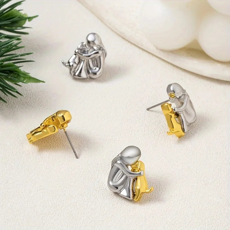 Sweet Two-Toned Hugging Ear Studs in Silver & Gold