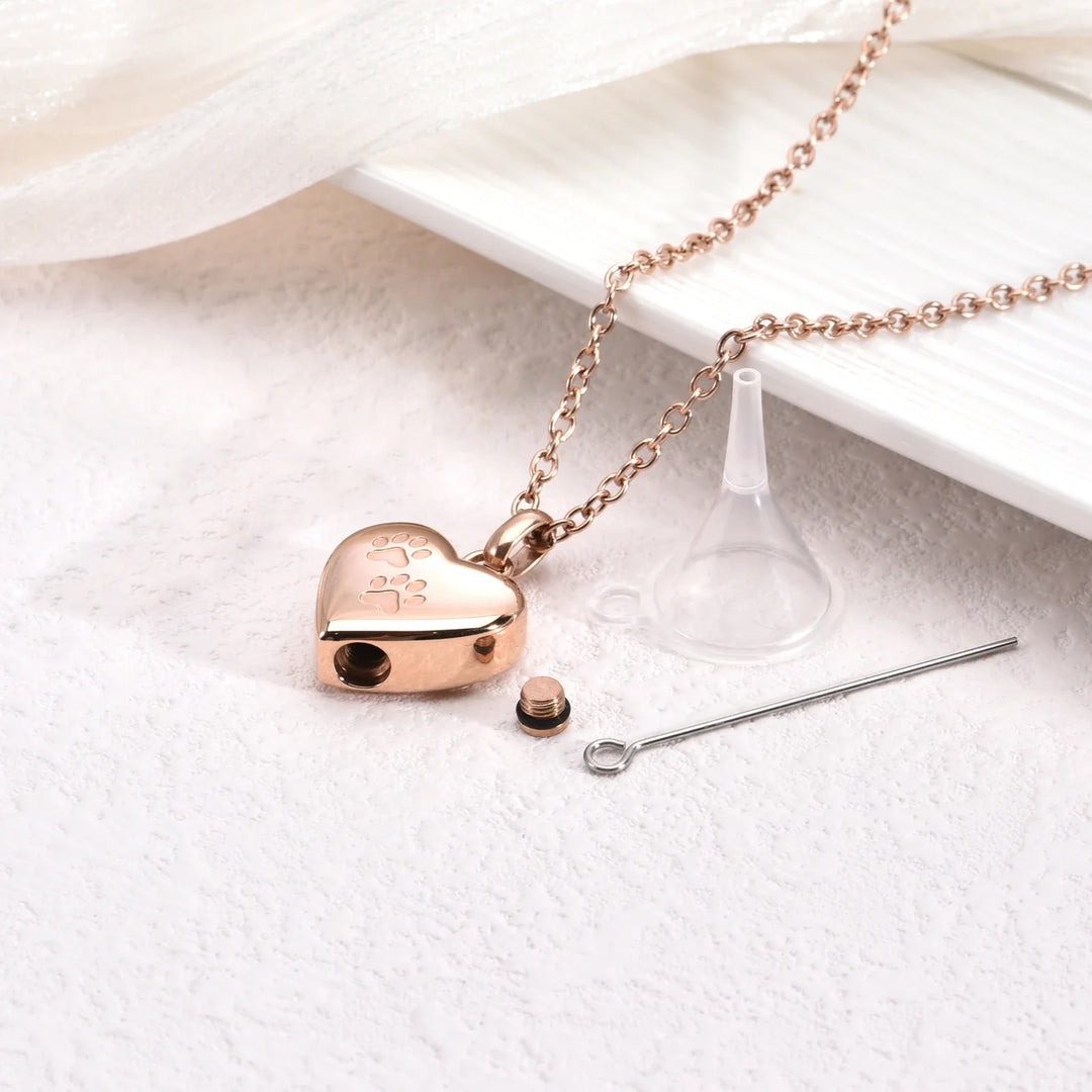 Memorial Necklace with Paw Heart – Stainless Steel Urn Pendant