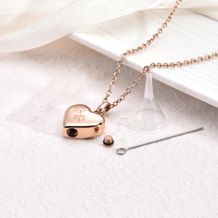 Memorial Necklace with Paw Heart – Stainless Steel Urn Pendant