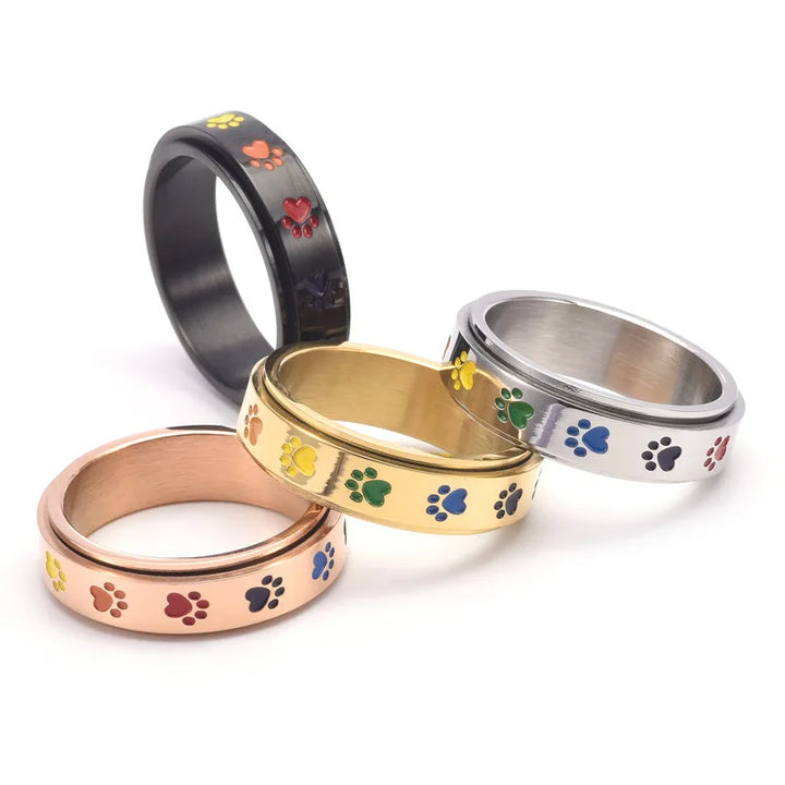Rotatable Anti-Stress Ring with Paw Prints – Stainless Steel Ring with Rainbow Colors