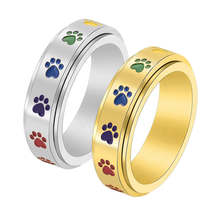 Rotatable Anti-Stress Ring with Paw Prints – Stainless Steel Ring with Rainbow Colors