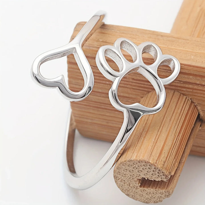 Handcrafted Paw Print Heart 925 Sterling Silver Adjustable Ring